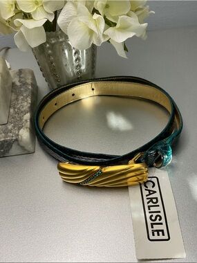 Carlisle Teal Croc Embossed Leather Belt with Gold Wing Buckle
